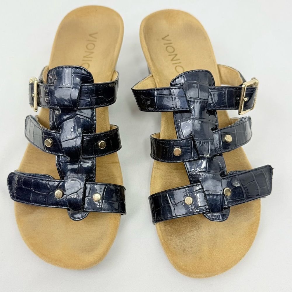 Vionic RADIA Blue Patent Reptile Embossed Triple T Strap Slide Wedge Sandals - Picture 4 of 14